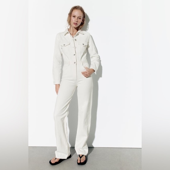 Zara Pants & Jumpsuits Nwt Zara Trf Wideleg Denim Jumpsuit Oyster